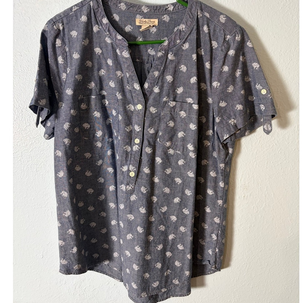 Lucky Brand Women Blue Elephant Print Short Sleeve Button Blouse L Novelty
